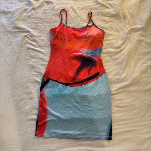 Blue and red graphic floral bodycon mini tank dress | size small - Picture 1 of 6